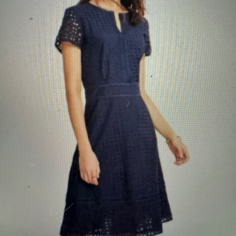 Ann Taylor Navy Blue Eyelet short sleeve Midi Dress size 14